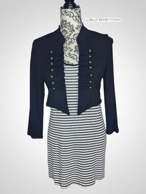 LAURA PETITES Striped Dress With Black Military-Style Cropped Jacket - Medium